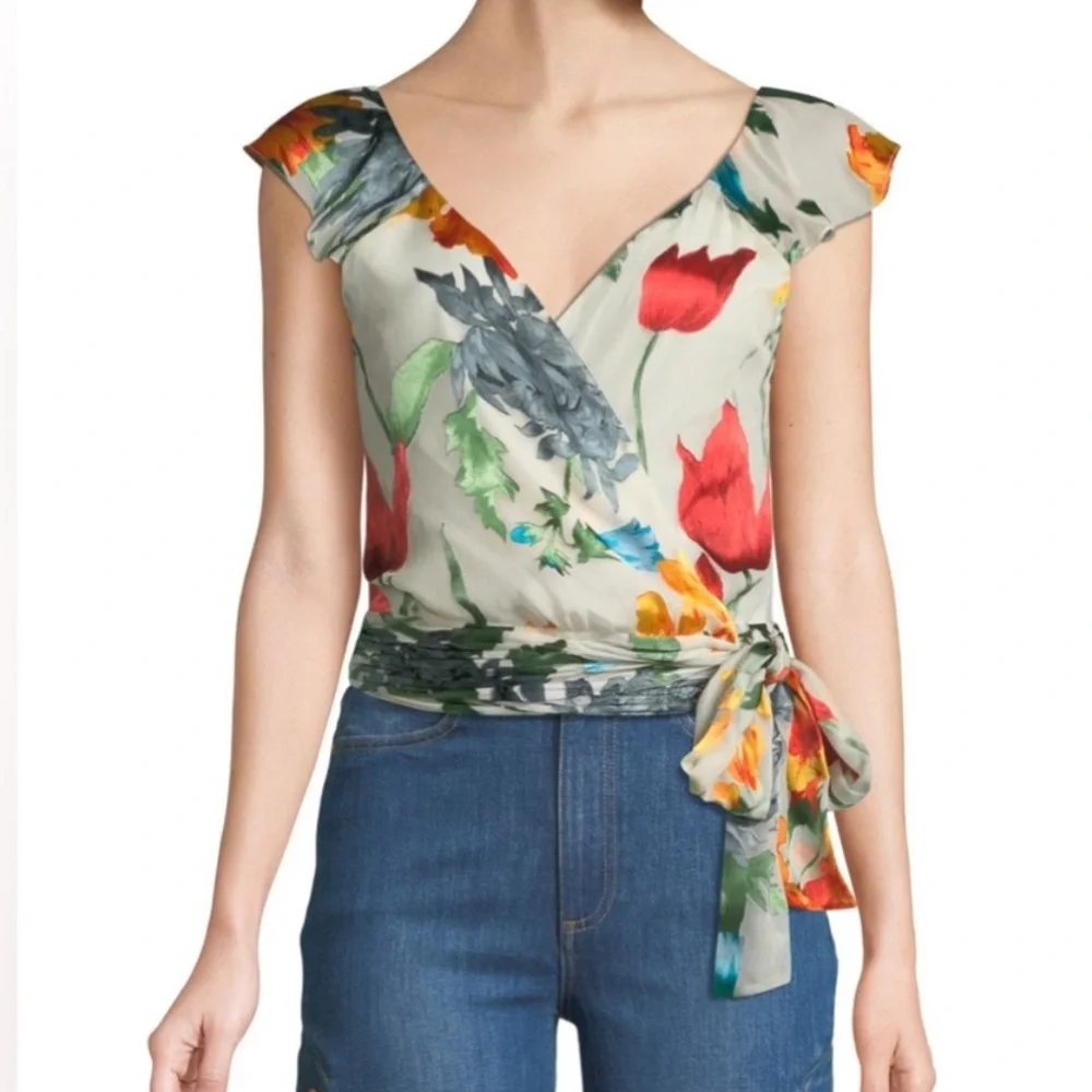 Alice + Olivia Nicole Floral Print Cold Shoulder Wrap Top Size 2 - Picture 2 of 9